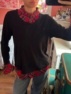 Black Sweater with Red Plaid Trim
